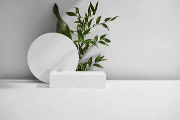 A white podium with a green plant
