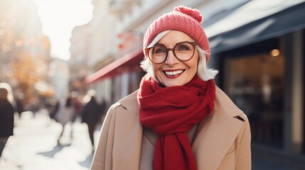 A senior woman wearing glasses and a red scarf