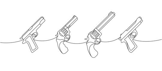 Set of revolvers, pistols one line continuous drawing. Various modern weapons continuous one line illustration. Vector linear illustration.