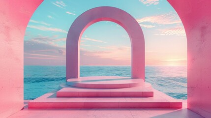 The image is a surreal landscape with a large pink archway in the foreground. The archway is surrounded by a pink sea and sky. The image is very calming and peaceful.