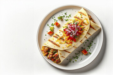 Burritos wraps with meat beans and vegetables on white background. Top view