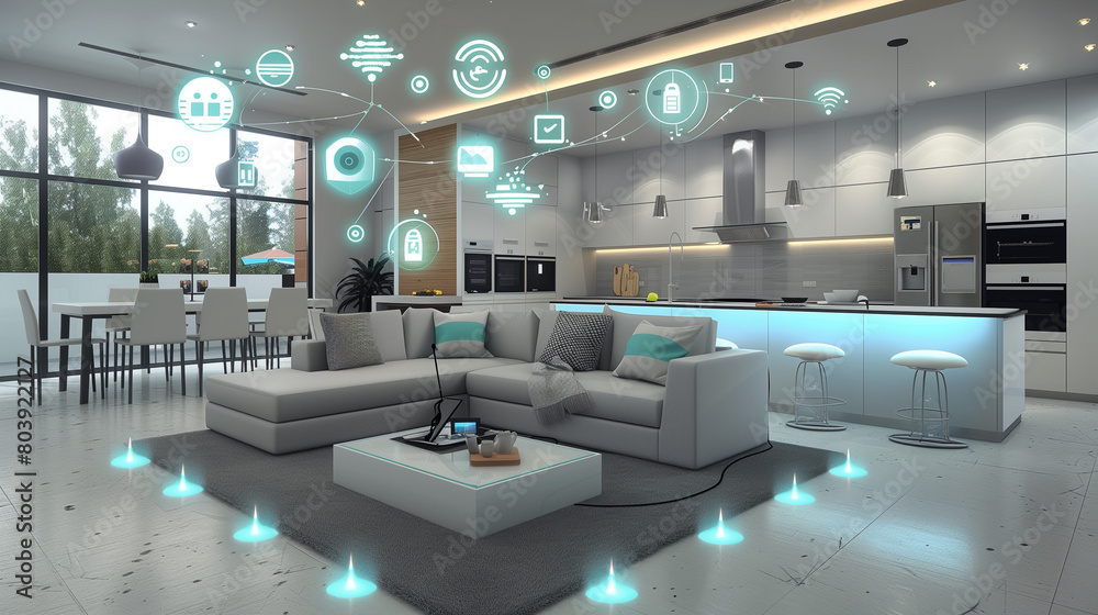 Wall mural living room living room with internet control, concept of smart home