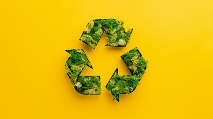 An eco-friendly green recycle symbol, depicted on a vibrant yellow background, signifies sustainability and environmental awareness