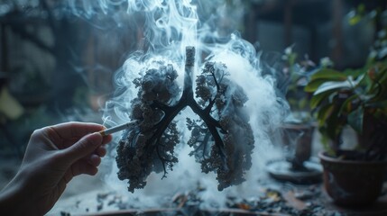 Health hazard. smokers hand holding cigarette near smoke-filled lungs warning of dangers of smoking