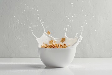 Corn flakes with fresh milk splash in white ceramic bowl isolated on clean white background