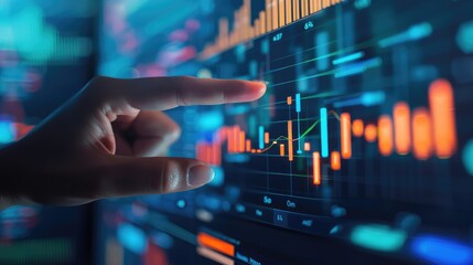Finger pointing at technical analysis tools on trading platform interface, utilizing charting features to conduct comprehensive market analysis.