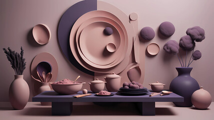 muted tones of dusty pink and dark purple surreal combination with minimalist compositions, evoking a sense of calmness, artistic installations, simple bare minimalist style 3d compositions, chef them