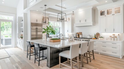 There is a large kitchen with white cabinets, a big island in the center, and hardwood floors. There are 4 chairs at the island and 3 by the wall.