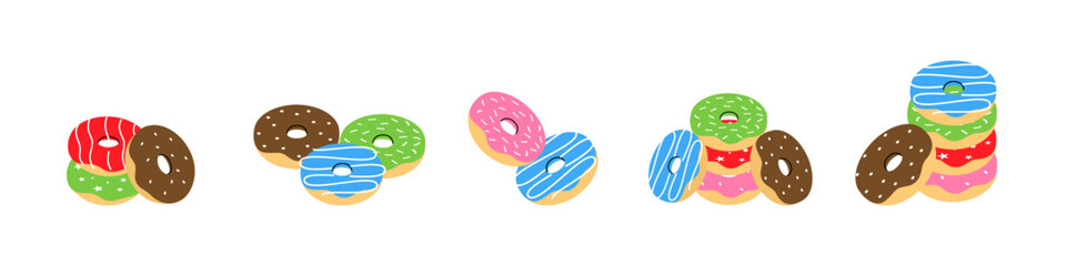 Glazed donut set. Take away donuts. Bakery sweet pastry food. Vector illustration.