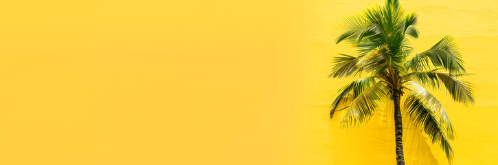 Tropical palm tree web banner. Palm tree on yellow background with space for text.