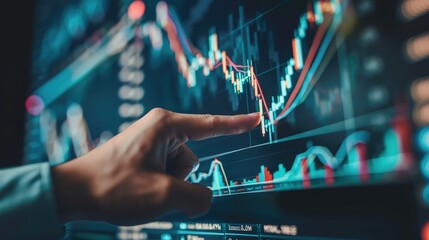 Hand indicating rising trend line on stock market graph displayed on computer screen, identifying potential bullish signals for trading.