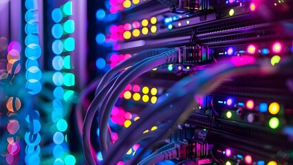 Connecting Cloud Servers in a Computer Lab Database with Colorful Fiber Optic Cables. Concept Cloud Servers, Computer Lab, Database, Fiber Optic Cables, Connectivity