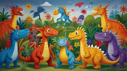 Whimsical Cartoon Dragon and Dinosaur Friends Banner for Kids' Spaces