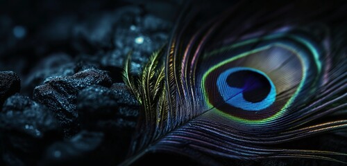 A close-up of a black peacock feather, its iridescent eye shimmering with vibrant colors against a...