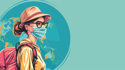Female tourist in medical mask and with globe on color 