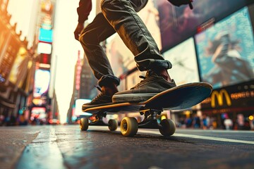 A person riding a skateboard on a busy city street, showcasing skilled maneuvers and tricks....