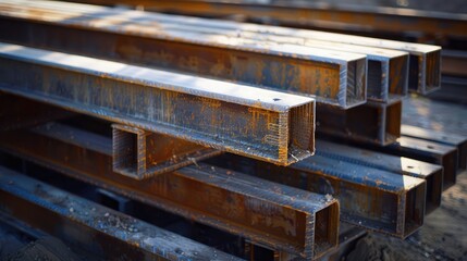 Piles of steel beams and columns at a construction site, ready for assembly in building structures.