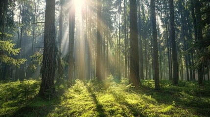 Fototapeta premium serene forest scene with sun rays filtering through tall trees and casting shadows on the forest floor.
