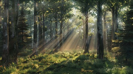 Obraz premium serene forest scene with sun rays filtering through tall trees and casting shadows on the forest floor.