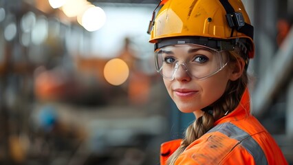 Female worker in safety gear at construction site wearing protective helmet. Concept Construction Safety Gear, Female Worker, Protective Helmet, Worksite, Outdoor Portrait