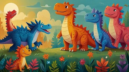 Obraz premium Whimsical Cartoon Dragon and Dinosaur Friends Banner for Kids' Spaces