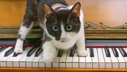Black and white cat walks over piano keys

