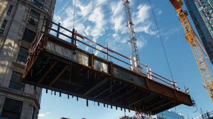 Steel beams and girders being lifted by a crane onto a high-rise construction site for structural assembly.
