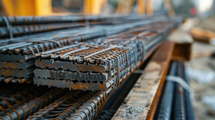 Steel reinforcement bars stacked on pallets at a construction site, ready to be incorporated into concrete structures.
