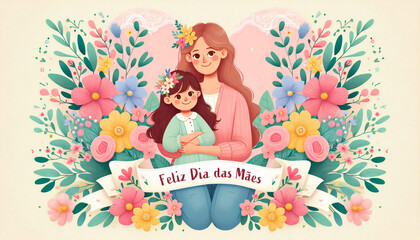 Ilustração floral em aquarela para a celebração do Dia das Mães no Brasil. Happy Mother's Day. Feliz Dia das Mães