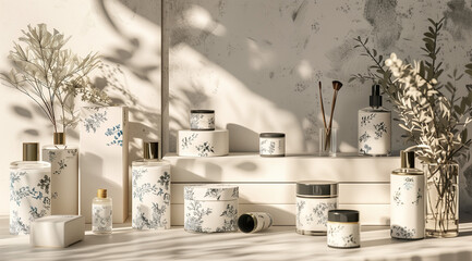 The packaging design of skincare products features white paper boxes, glass jars, and wooden decors adorned with plant elements. Surrounding the products are dried flowers or olive branches