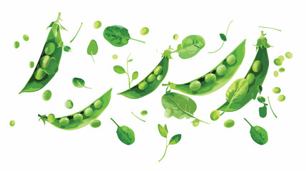 Flying peas and spinach on white background style