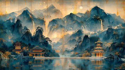 Edge-Lit Ancient Chinese Architecture: Handscroll Art, Detailed Compositions, Naturalistic Flora...