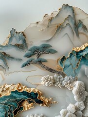 Chinese Landscape Painting: Gold Inlaid Jade Carving, White & Bright Blue Jade, Crystal Glass Texture