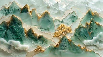 Chinese Landscape Art: Gold Inlaid Jade Carving, Ultra Wide Shot, White & Cyan Mountains, Golden Trees, Floating Clouds, Top Lighting, Minimalist Style