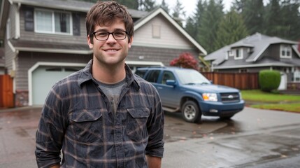 Confident american real estate agent standing proudly outside modern home