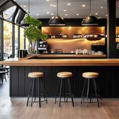 interior of restaurant,A cozy of a black coffee shop interior, bar counter shining under ambient light, with a backdrop of a lustrous wood grain polished