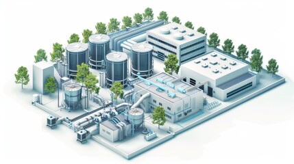 A cityscape with a large industrial plant in the center