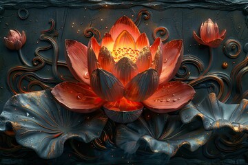 Red lotus flower with fire on black background