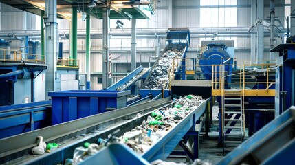 The garbage sorting plant has many different conveyors and conveyor bins filled with various household waste. Waste removal and recycling. A garbage recycling plant.