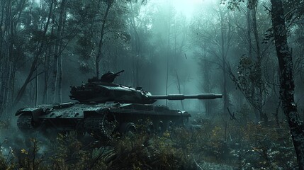A tank is shown in a snowy field with a foggy background