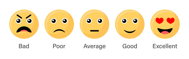 Rating emoji set in yellow color for customer feedback or product experience with bad poor average good and excellent emoji with names. Flat icon set of rating. 