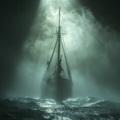 An ancient pirate ship sails the sea among thick fog with a little help from sunlight, realistic vintage travel