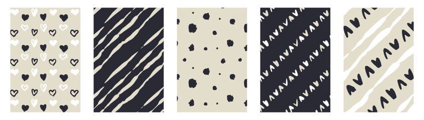 Set of Monochrome dark blue and beige sketchy shapes and flowers cards. Vintage folk abstract stripes posters bundle