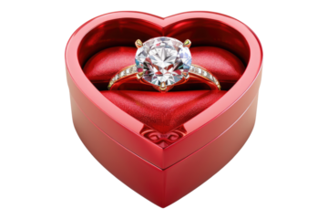 Diamond ring in red heart shaped box isolated on transparent background