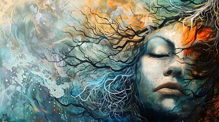 Serene Spiritual Coexistence Abstract Portrait Painting with Harmonious Nature Spirits and Tranquil Energies