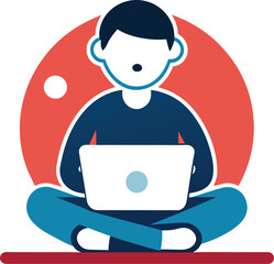 A cartoon illustration of a man sitting crosslegged on the floor, using a laptop computer. He has short dark hair and is wearing blue jeans and a dark blue shirt. The background is a red circle with a