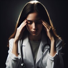 An woman doctor portrait having a headache, with the rim light. The background is black - obrazy, fototapety, plakaty