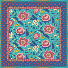 Scarf design with ethnic indian trailing flowers motifs. Persian boho chic floral background. Tribal textile print.