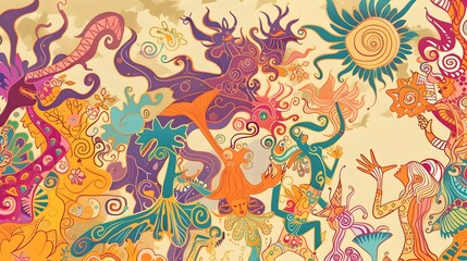 Ecstatic Woodland Fairies Engaged in a Lively Dance Ritual of Abstract Joyful and Contemplative Expression