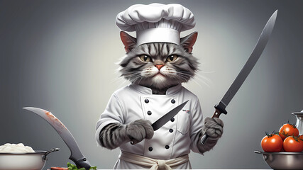Anthropomorphic cat in a fantasy chef's clothes and white apron holding a kitchen knife in right hand, best quality, cloudy gray background, digital HD art, highly detailed, concept art, ultra realist
